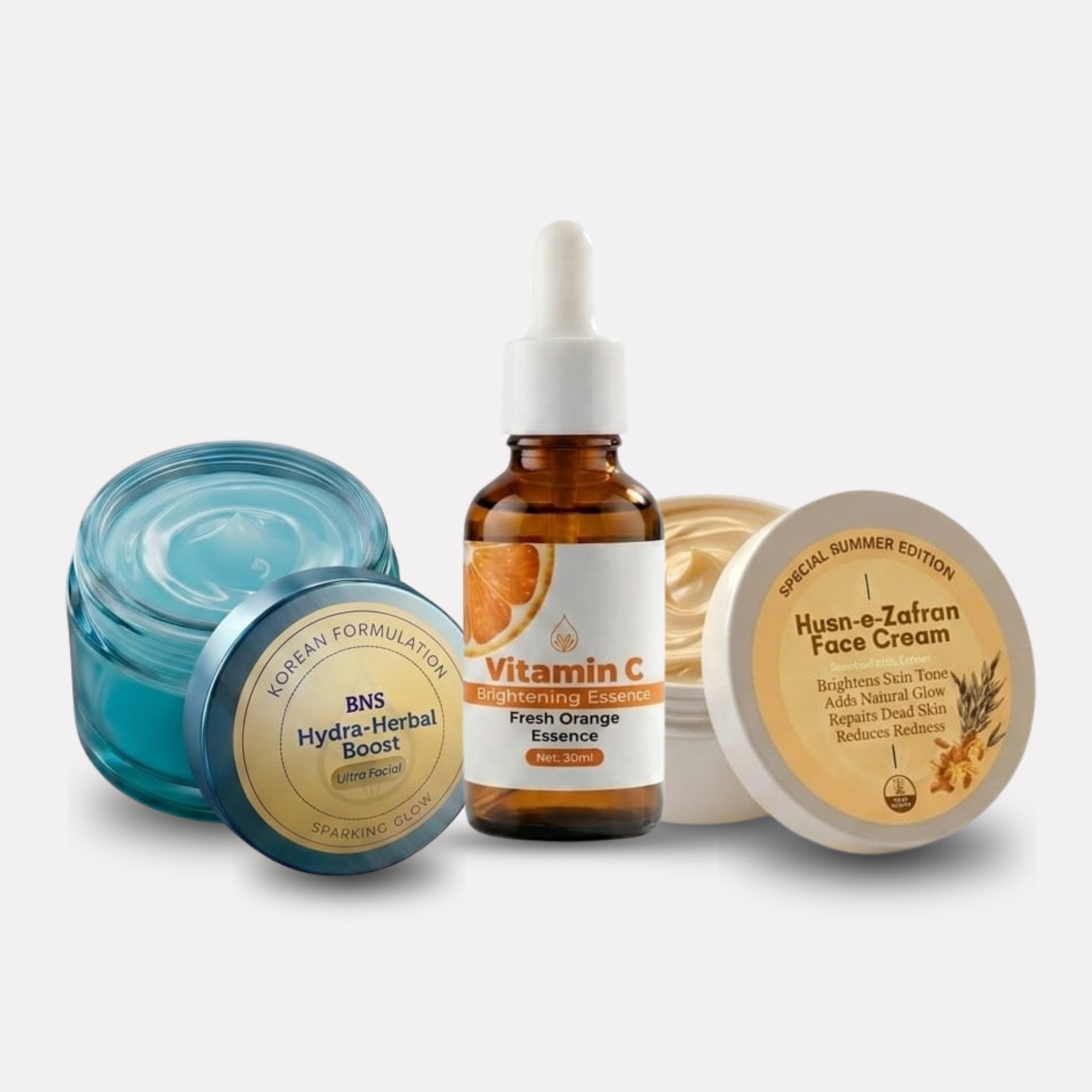 Glow Boost Skincare Bundle – Vitamin C Serum + Husn-e-Zafran Cream + Hydra-Herbal Facial Gel